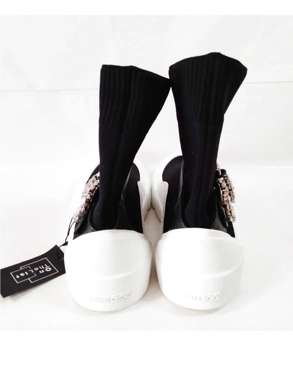 Jimmy Choo Black Sock-Style Platform Sneakers with Crystal Buckle Accent
